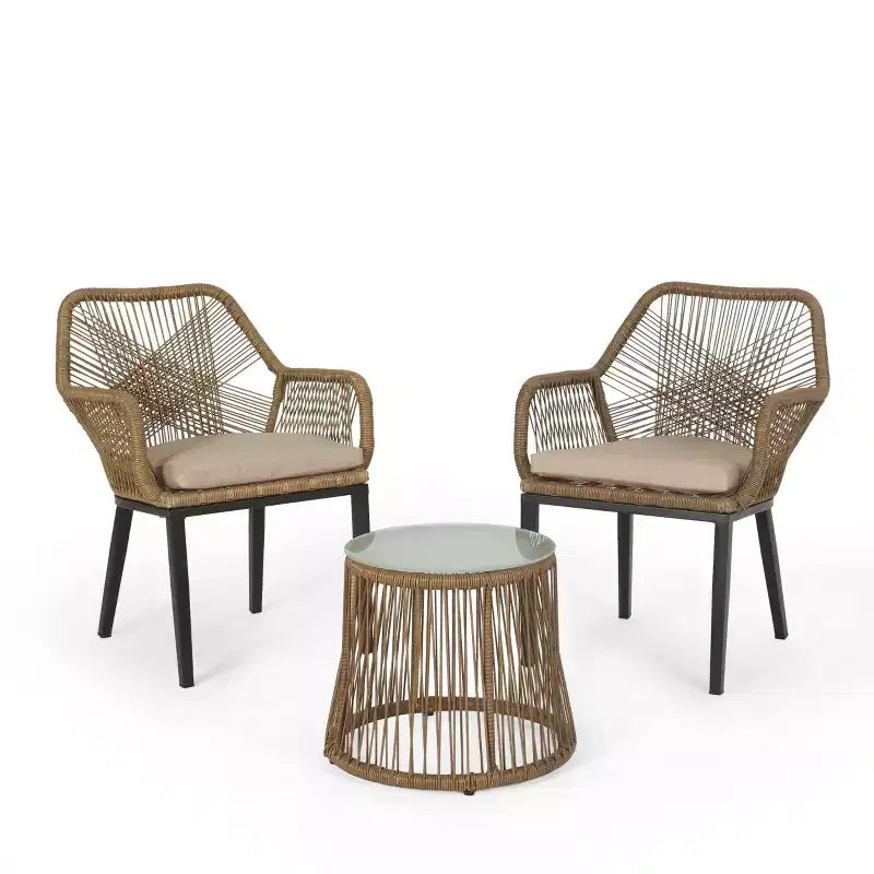 GDFStudio Fromberg Outdoor Wicker 3 Piece Chat Set with Cushion, Light Brown/Beige