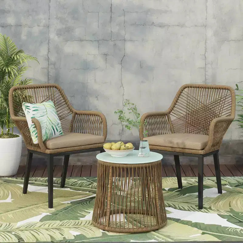 GDFStudio Fromberg Outdoor 3-teiliges Gesprächsset aus Korbgeflecht mit Kissen, Hellbraun/Beige