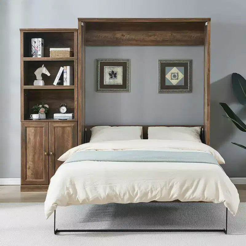 Queen Size Murphy Bed Wall Bed with Side Cabinet, Space-Saving Bed Perfect for Guest Room, Bed Room, Home Office, Rustic White/Brown -ModernLuxe