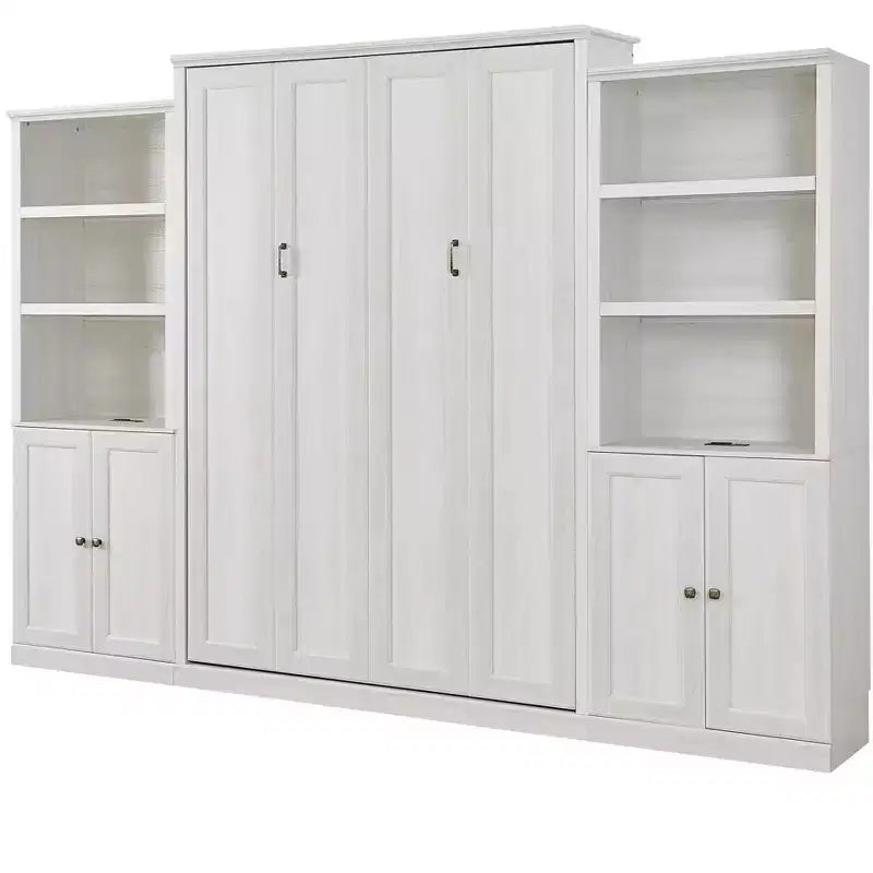Queen-Size-Schrankbett mit Seitenfach, platzsparendes Bett ideal für Gästezimmer, Schlafzimmer, Home Office, Rustikales Weiß/Braun - ModernLuxe