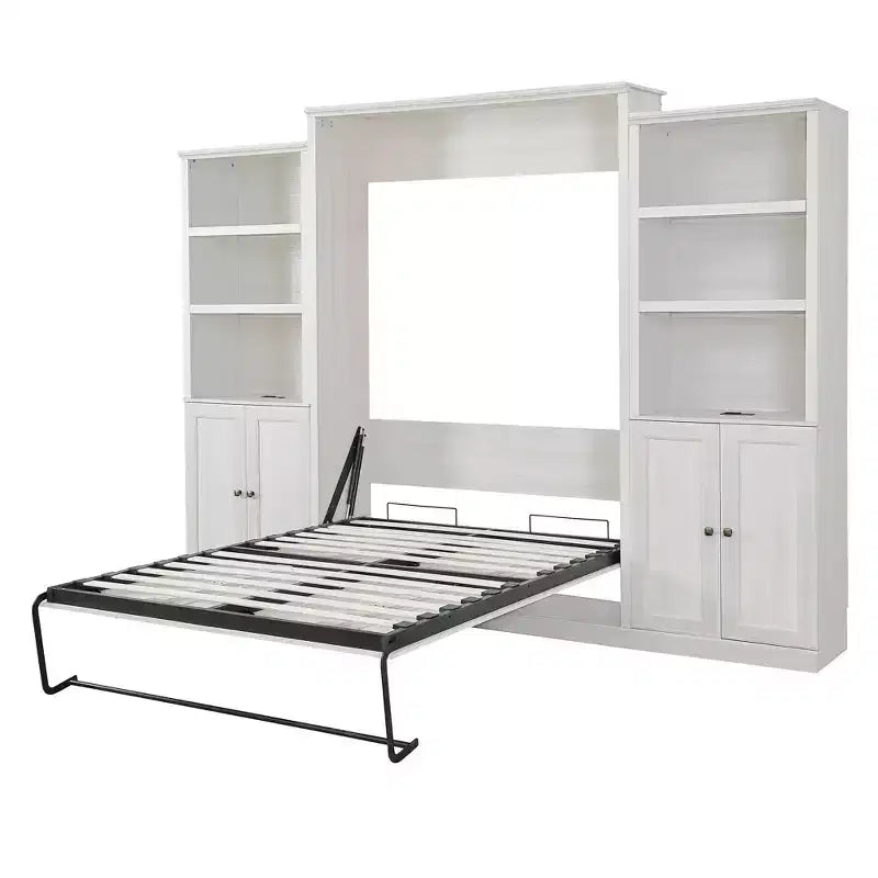 Queen-Size-Schrankbett mit Seitenfach, platzsparendes Bett ideal für Gästezimmer, Schlafzimmer, Home Office, Rustikales Weiß/Braun - ModernLuxe