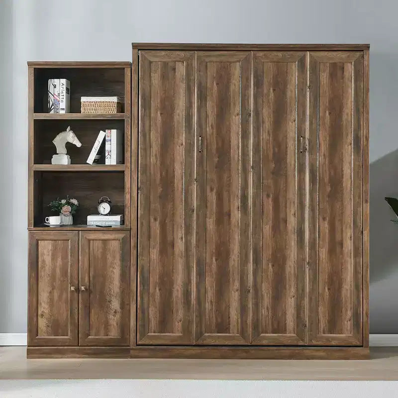 Queen-Size-Schrankbett mit Seitenfach, platzsparendes Bett ideal für Gästezimmer, Schlafzimmer, Home Office, Rustikales Weiß/Braun - ModernLuxe