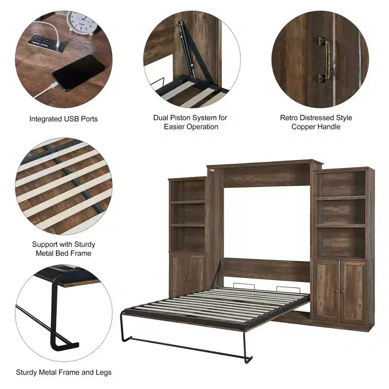 Queen-Size-Schrankbett mit Seitenfach, platzsparendes Bett ideal für Gästezimmer, Schlafzimmer, Home Office, Rustikales Weiß/Braun - ModernLuxe