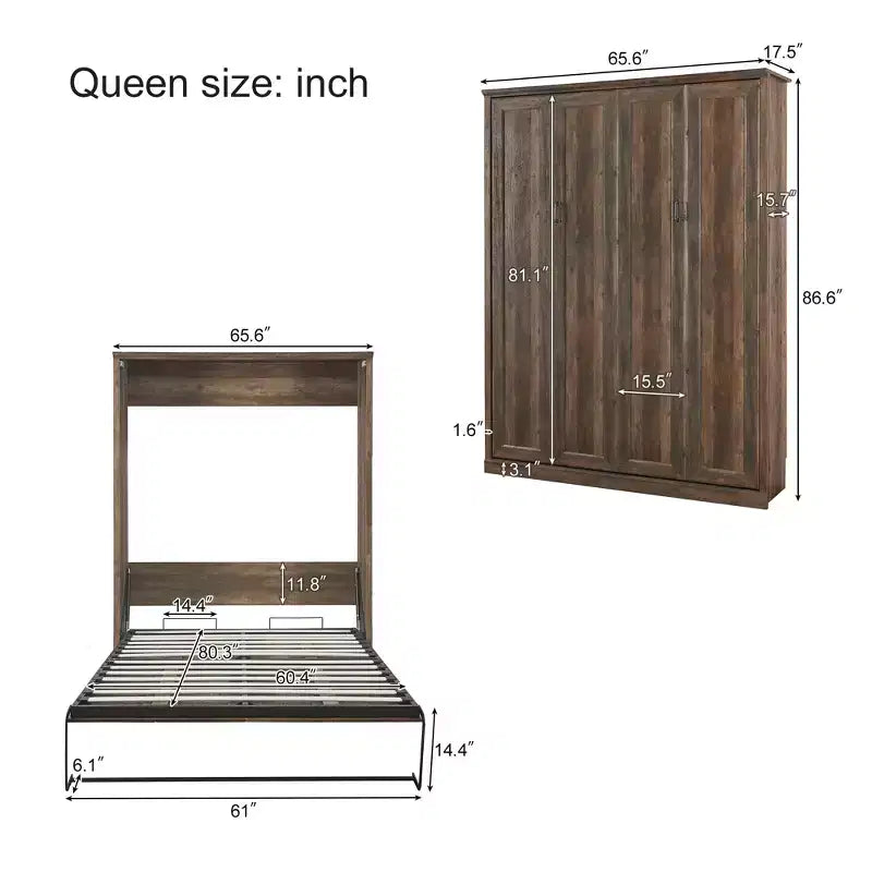 Queen-Size-Schrankbett mit Seitenfach, platzsparendes Bett ideal für Gästezimmer, Schlafzimmer, Home Office, Rustikales Weiß/Braun - ModernLuxe