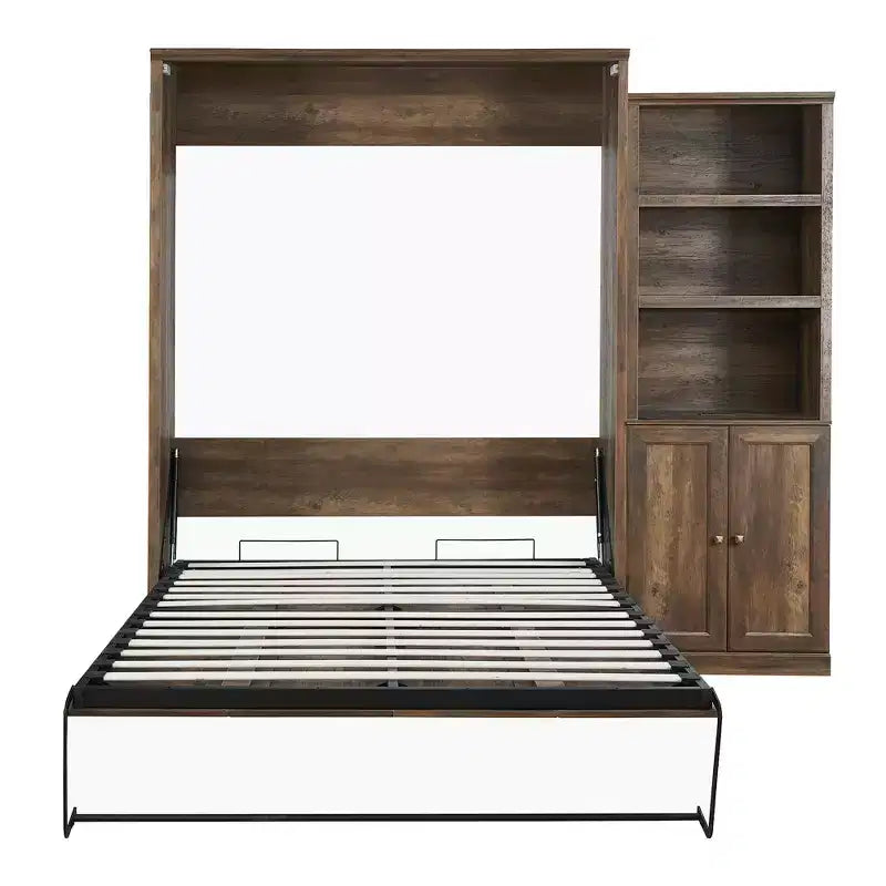 Queen-Size-Schrankbett mit Seitenfach, platzsparendes Bett ideal für Gästezimmer, Schlafzimmer, Home Office, Rustikales Weiß/Braun - ModernLuxe