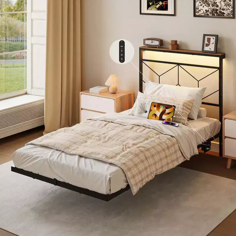 Hausource Floating Bed Frame with LED Storage Headboard, Charging Station, No Box Spring Needed