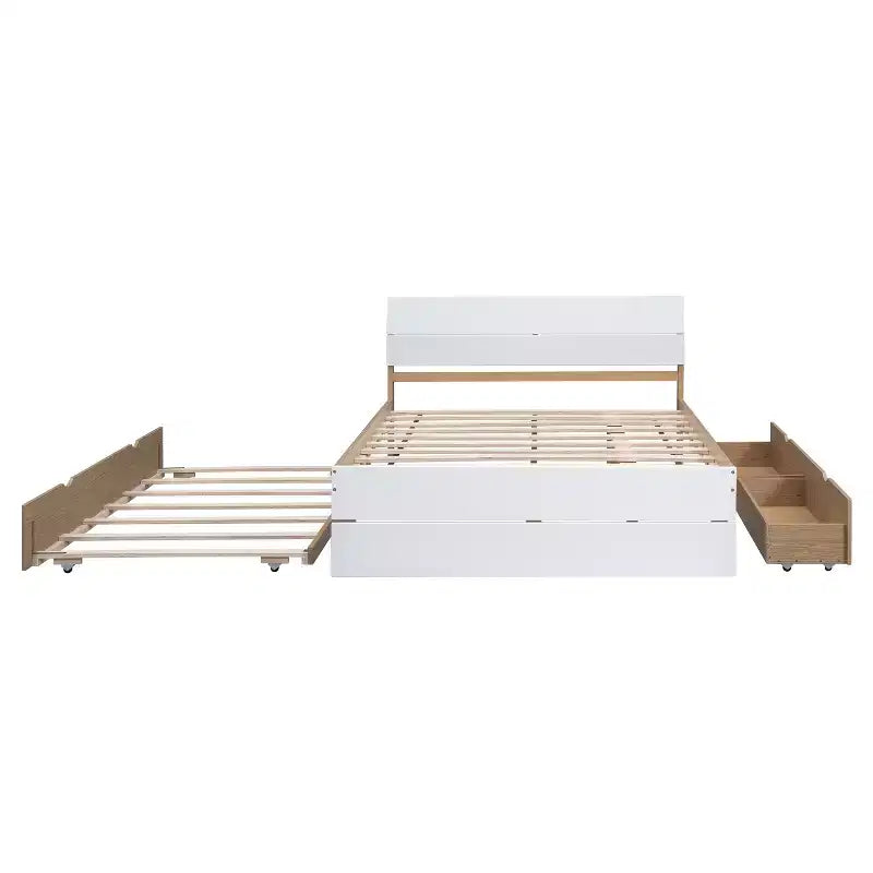 GDFStudio Julie Modern Solid Wood Full Size Platform Bed with Twin Size Trundle, 2 Drawers and Headboard
