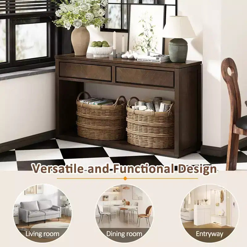 Rustikaler Konsolentisch aus Holz mit Schubladen und offener Ablage, eleganter Beistelltisch für Flur und Wohnzimmer - ModernLuxe