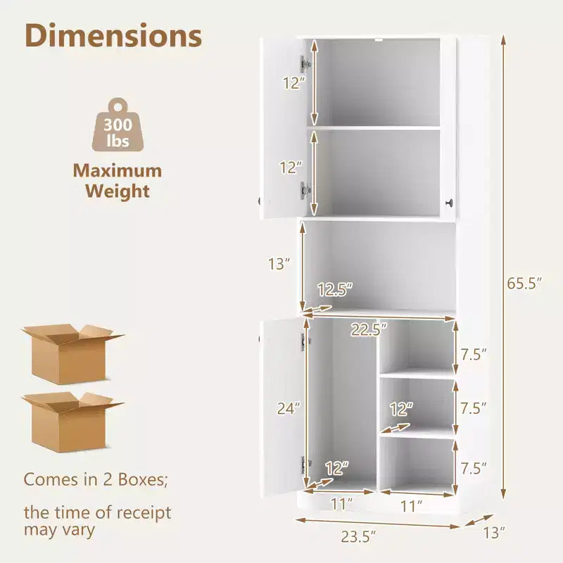 Costway Küchenschrank, 166,4 cm hoch, moderner Aufsatzschrank mit Mikrowellenständer, Braun/Weiß