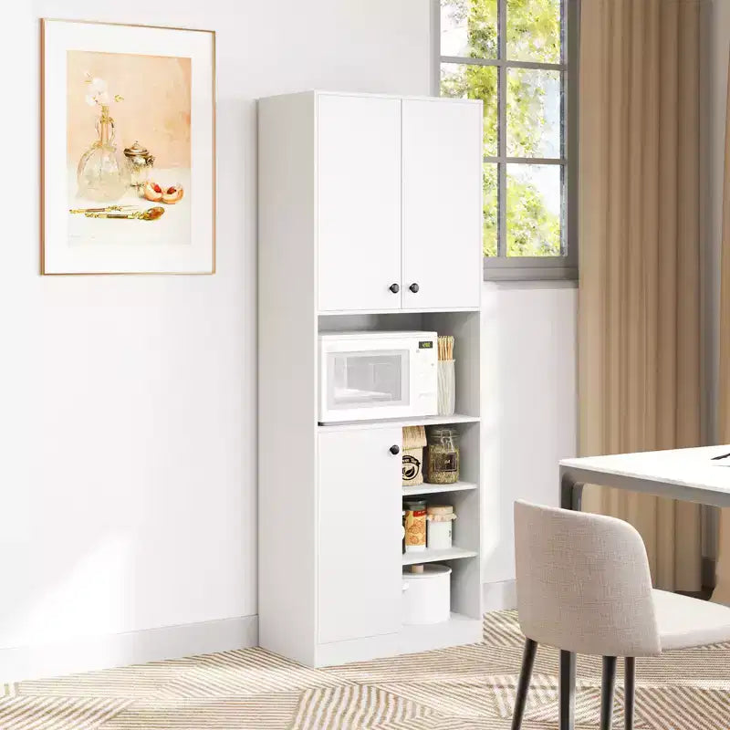 Costway Küchenschrank, 166,4 cm hoch, moderner Aufsatzschrank mit Mikrowellenständer, Braun/Weiß