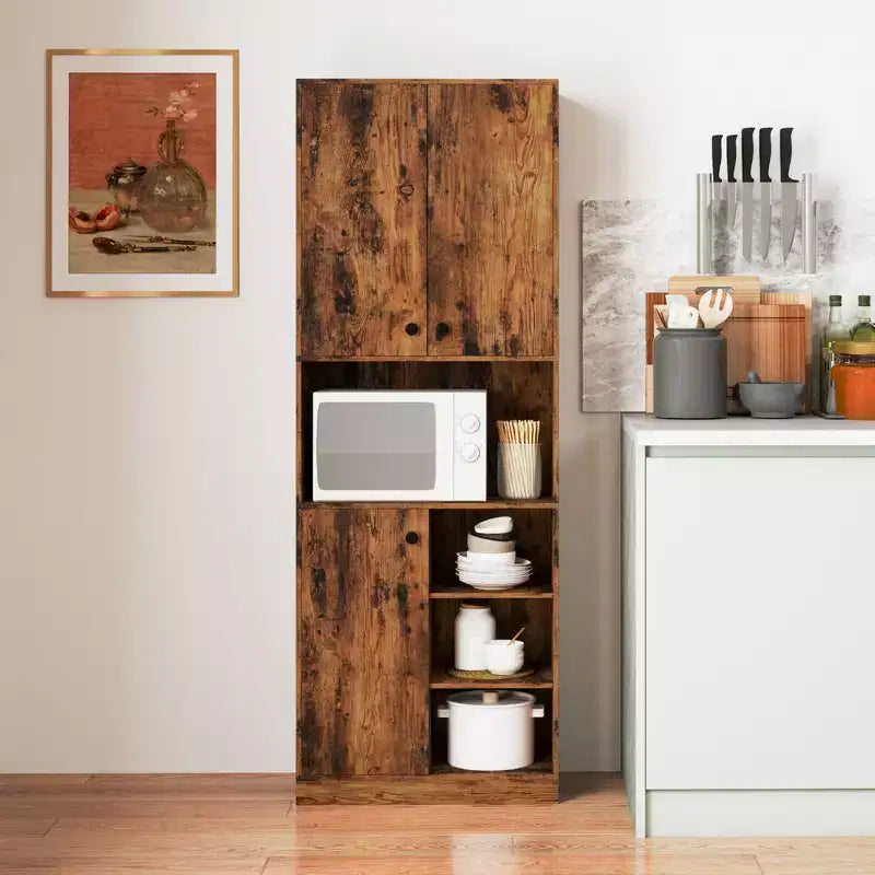 Costway Küchenschrank, 166,4 cm hoch, moderner Aufsatzschrank mit Mikrowellenständer, Braun/Weiß