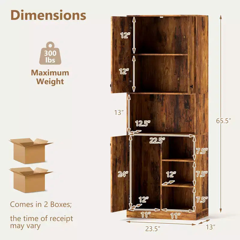 Costway Küchenschrank, 166,4 cm hoch, moderner Aufsatzschrank mit Mikrowellenständer, Braun/Weiß