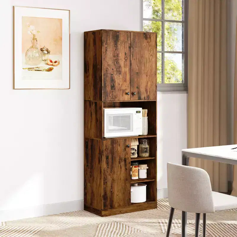 Costway Küchenschrank, 166,4 cm hoch, moderner Aufsatzschrank mit Mikrowellenständer, Braun/Weiß