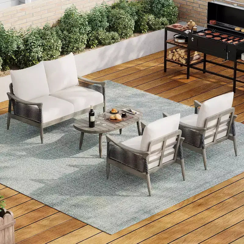 Christopher Knight Home Abell 4-teiliges Outdoor-Sitzset aus geflochtenem Seil und Akazienholz mit Polsterung