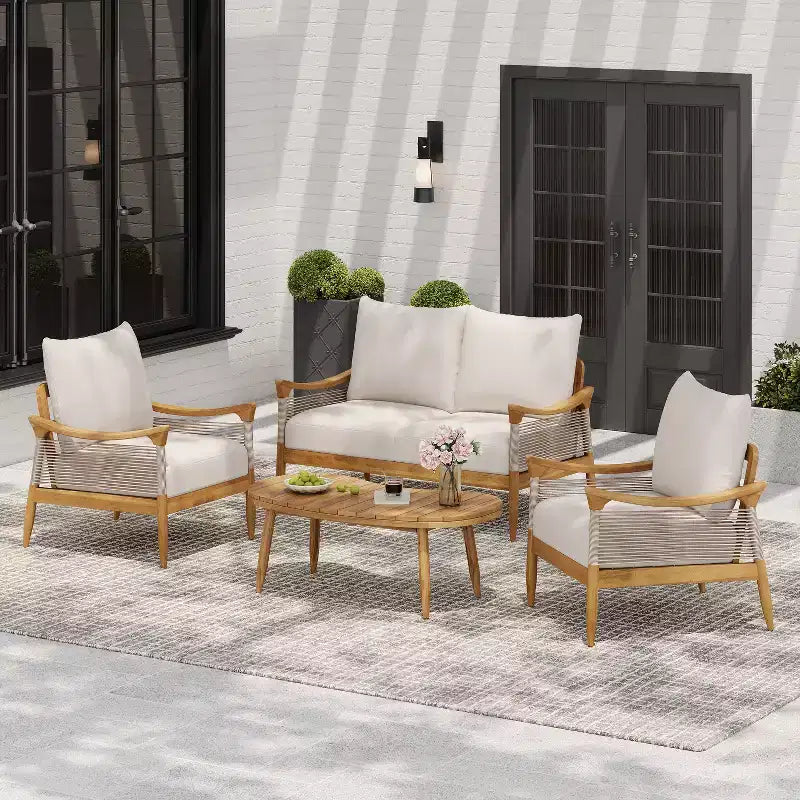 Christopher Knight Home Abell 4-teiliges Outdoor-Sitzset aus geflochtenem Seil und Akazienholz mit Polsterung