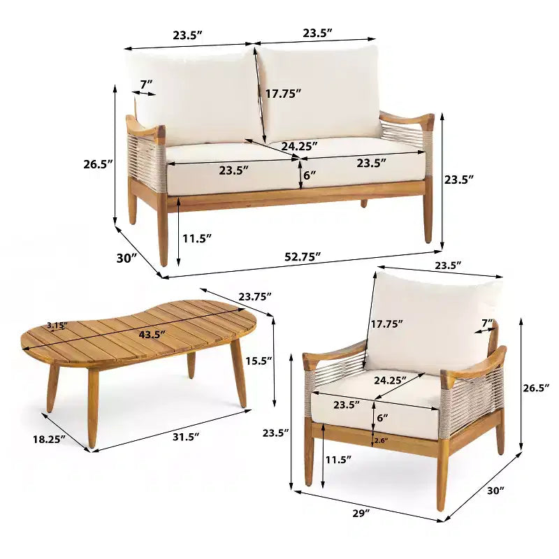 Christopher Knight Home Abell 4-teiliges Outdoor-Sitzset aus geflochtenem Seil und Akazienholz mit Polsterung