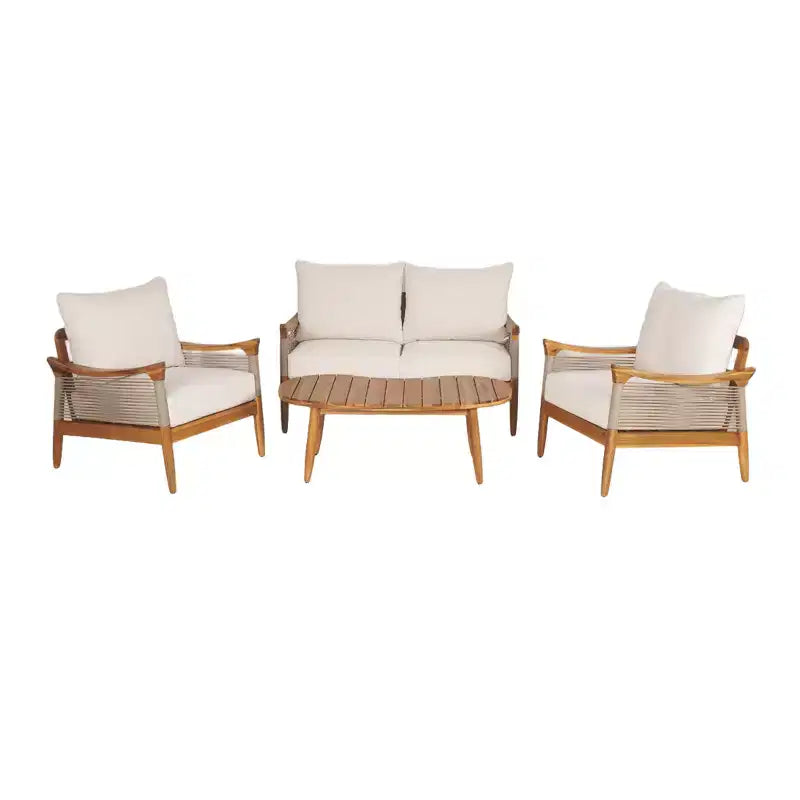Christopher Knight Home Abell 4 Pieces Outdoor Woven Rope Acacia Wood Upholstered Seating Set