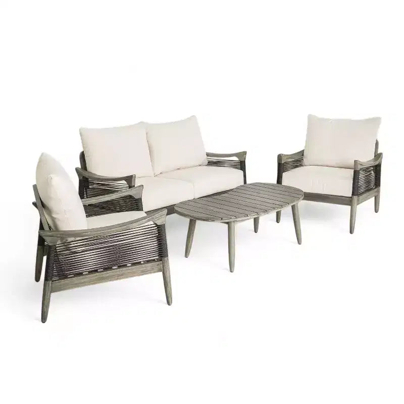 Christopher Knight Home Abell 4-teiliges Outdoor-Sitzset aus geflochtenem Seil und Akazienholz mit Polsterung