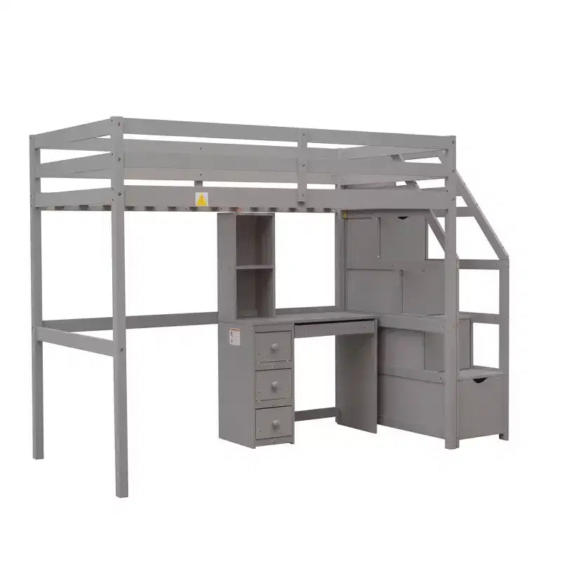 Whisen 95,1''L 79,5''W Hochbett für Einzelmatratze mit freistehendem Bett, Stauraumtreppe, Schreibtisch, Regalen und Schubladen