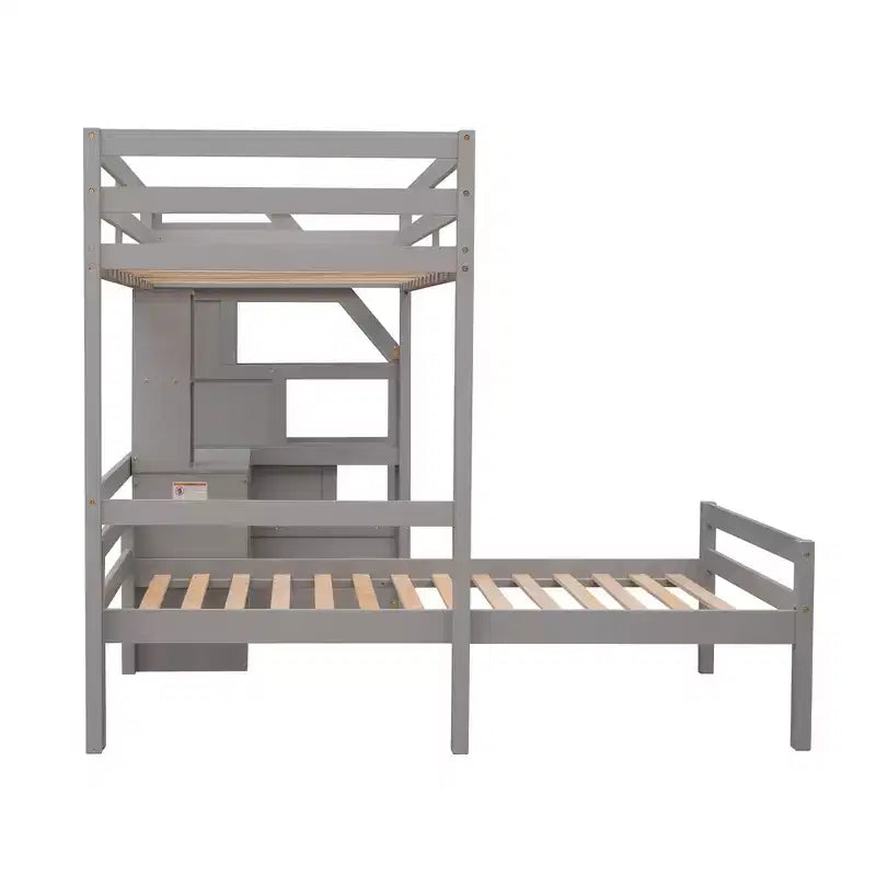 Whisen 95,1''L 79,5''W Hochbett für Einzelmatratze mit freistehendem Bett, Stauraumtreppe, Schreibtisch, Regalen und Schubladen