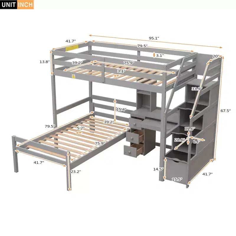 Whisen 95,1''L 79,5''W Hochbett für Einzelmatratze mit freistehendem Bett, Stauraumtreppe, Schreibtisch, Regalen und Schubladen