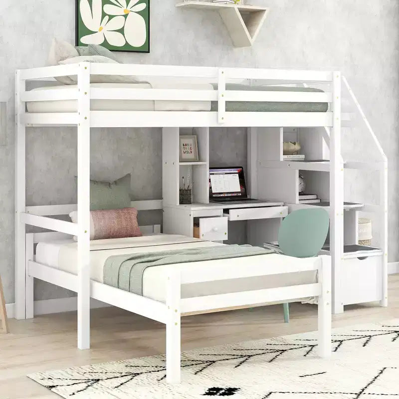 Whisen 95,1''L 79,5''W Hochbett für Einzelmatratze mit freistehendem Bett, Stauraumtreppe, Schreibtisch, Regalen und Schubladen