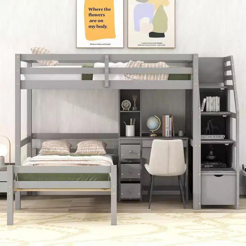 Whisen 95,1''L 79,5''W Hochbett für Einzelmatratze mit freistehendem Bett, Stauraumtreppe, Schreibtisch, Regalen und Schubladen