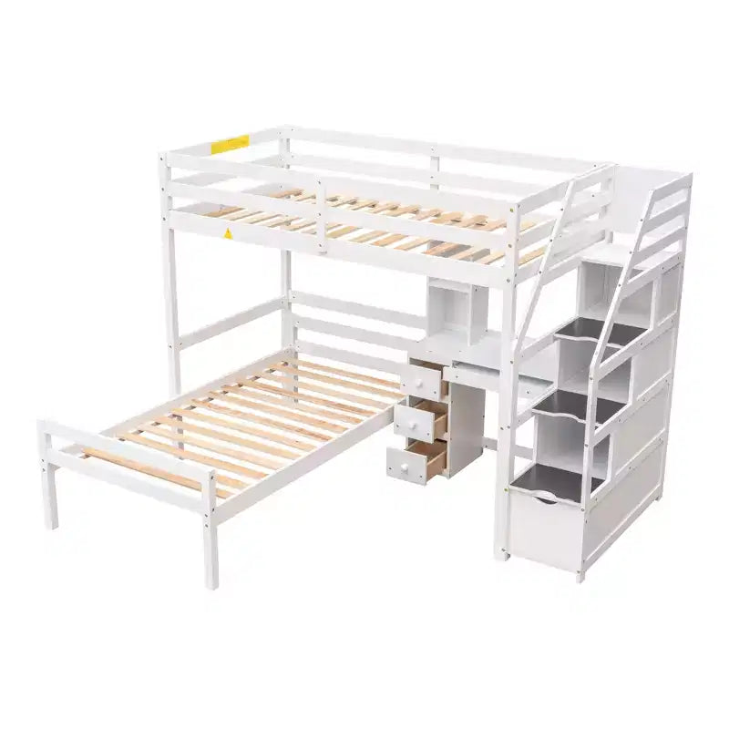 Whisen 95,1''L 79,5''W Hochbett für Einzelmatratze mit freistehendem Bett, Stauraumtreppe, Schreibtisch, Regalen und Schubladen