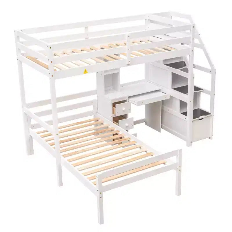 Whisen 95,1''L 79,5''W Hochbett für Einzelmatratze mit freistehendem Bett, Stauraumtreppe, Schreibtisch, Regalen und Schubladen