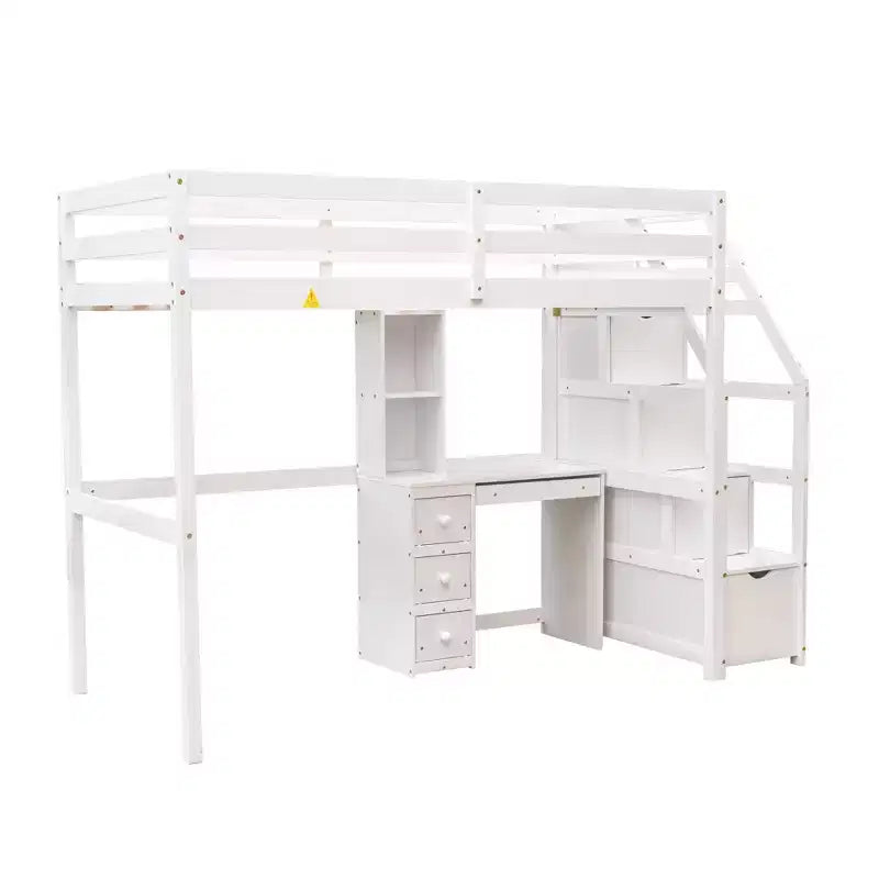 Whisen 95,1''L 79,5''W Hochbett für Einzelmatratze mit freistehendem Bett, Stauraumtreppe, Schreibtisch, Regalen und Schubladen