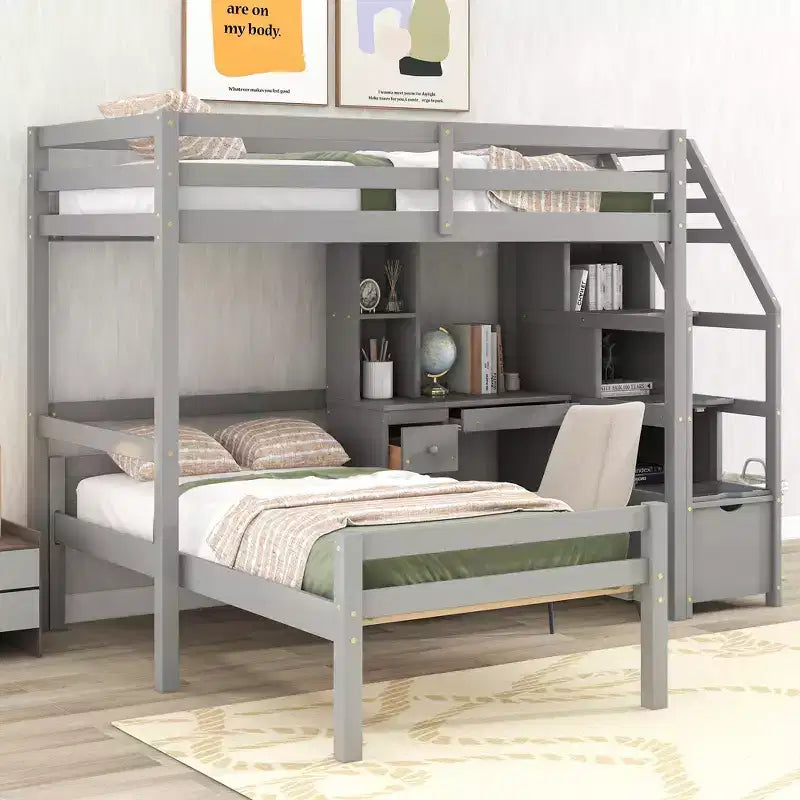 Whisen 95,1''L 79,5''W Hochbett für Einzelmatratze mit freistehendem Bett, Stauraumtreppe, Schreibtisch, Regalen und Schubladen