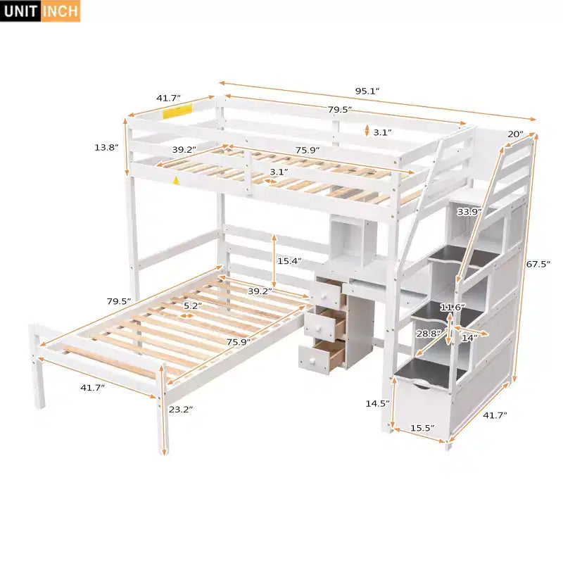Whisen 95,1''L 79,5''W Hochbett für Einzelmatratze mit freistehendem Bett, Stauraumtreppe, Schreibtisch, Regalen und Schubladen