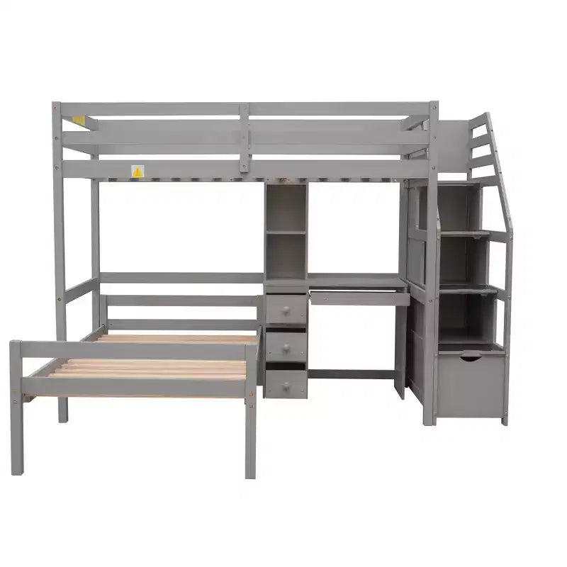 Whisen 95,1''L 79,5''W Hochbett für Einzelmatratze mit freistehendem Bett, Stauraumtreppe, Schreibtisch, Regalen und Schubladen