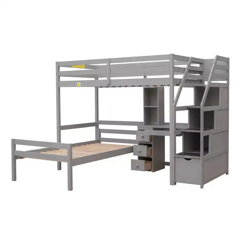 Whisen 95,1''L 79,5''W Hochbett für Einzelmatratze mit freistehendem Bett, Stauraumtreppe, Schreibtisch, Regalen und Schubladen