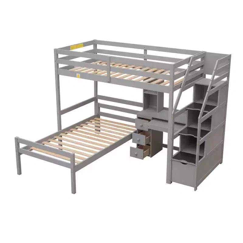 Whisen 95,1''L 79,5''W Hochbett für Einzelmatratze mit freistehendem Bett, Stauraumtreppe, Schreibtisch, Regalen und Schubladen