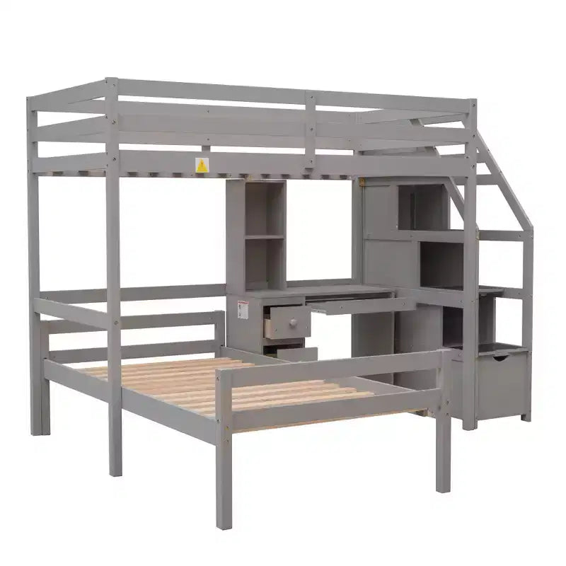 Whisen 95,1''L 79,5''W Hochbett für Einzelmatratze mit freistehendem Bett, Stauraumtreppe, Schreibtisch, Regalen und Schubladen