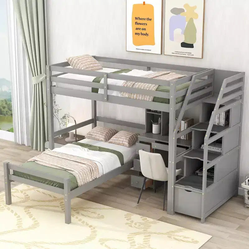 Whisen 95.1''L  79.5''W Twin Size Loft Bed with a Stand-alone Bed, Storage Staircase, Desk, Shelves and Drawers