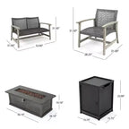 Christopher Knight Home Breakwater Outdoor Akazienholz- und Korbflecht-Sitzgruppe für 4 Personen mit 50.000 BTU Feuerstelle