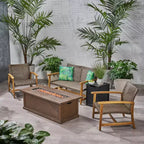 Christopher Knight Home Breakwater Outdoor Acacia Wood and Wicker 4 Seater Chat Set with 50,000BTU Fire Pit