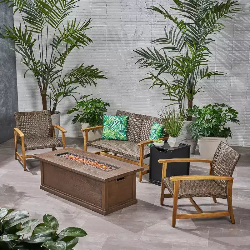 Christopher Knight Home Breakwater Outdoor Acacia Wood and Wicker 4 Seater Chat Set with 50,000BTU Fire Pit