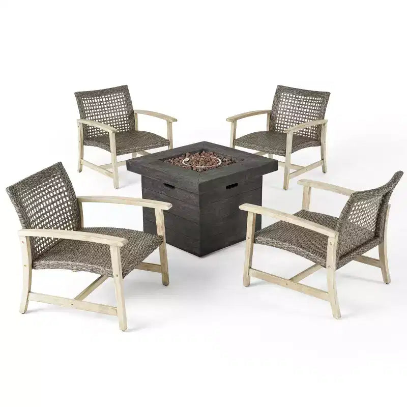 GDFStudio Jennings Outdoor Acacia Wood and Wicker 5 Piece Club Chair and Fire Pit Set
