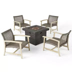 GDFStudio Jennings Outdoor Acacia Wood and Wicker 5 Piece Club Chair and Fire Pit Set