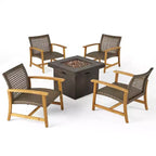 GDFStudio Jennings Outdoor-Sitzgruppe aus Akazienholz und Polyrattan, 5-teilig, mit Clubsessel und Feuerstelle