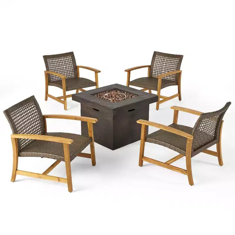GDFStudio Jennings Outdoor-Sitzgruppe aus Akazienholz und Polyrattan, 5-teilig, mit Clubsessel und Feuerstelle