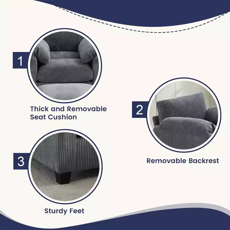 HYLEORY Sessel mit Ottoman, modernes Cord-Wolkenssofa mit umwandelbarer Recamiere, gepolstertes Sofa-Set für Wohnzimmer und Büro