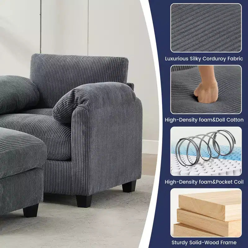HYLEORY Sessel mit Ottoman, modernes Cord-Wolkenssofa mit umwandelbarer Recamiere, gepolstertes Sofa-Set für Wohnzimmer und Büro
