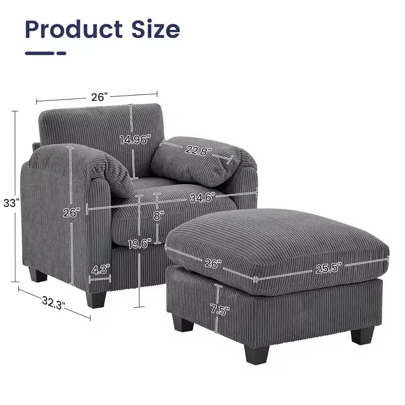 HYLEORY Sessel mit Ottoman, modernes Cord-Wolkenssofa mit umwandelbarer Recamiere, gepolstertes Sofa-Set für Wohnzimmer und Büro
