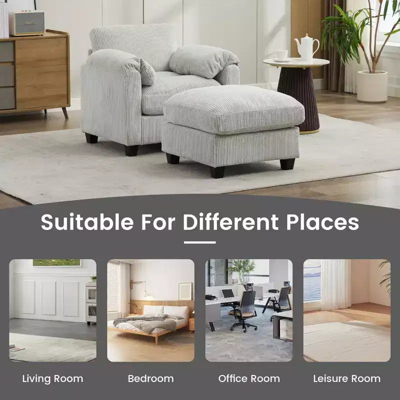 HYLEORY Sessel mit Ottoman, modernes Cord-Wolkenssofa mit umwandelbarer Recamiere, gepolstertes Sofa-Set für Wohnzimmer und Büro