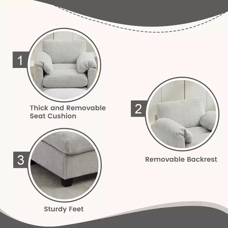 HYLEORY Sessel mit Ottoman, modernes Cord-Wolkenssofa mit umwandelbarer Recamiere, gepolstertes Sofa-Set für Wohnzimmer und Büro