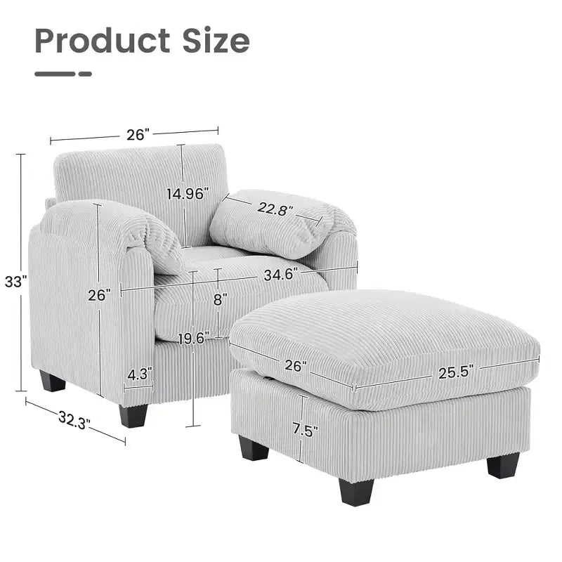 HYLEORY Sessel mit Ottoman, modernes Cord-Wolkenssofa mit umwandelbarer Recamiere, gepolstertes Sofa-Set für Wohnzimmer und Büro